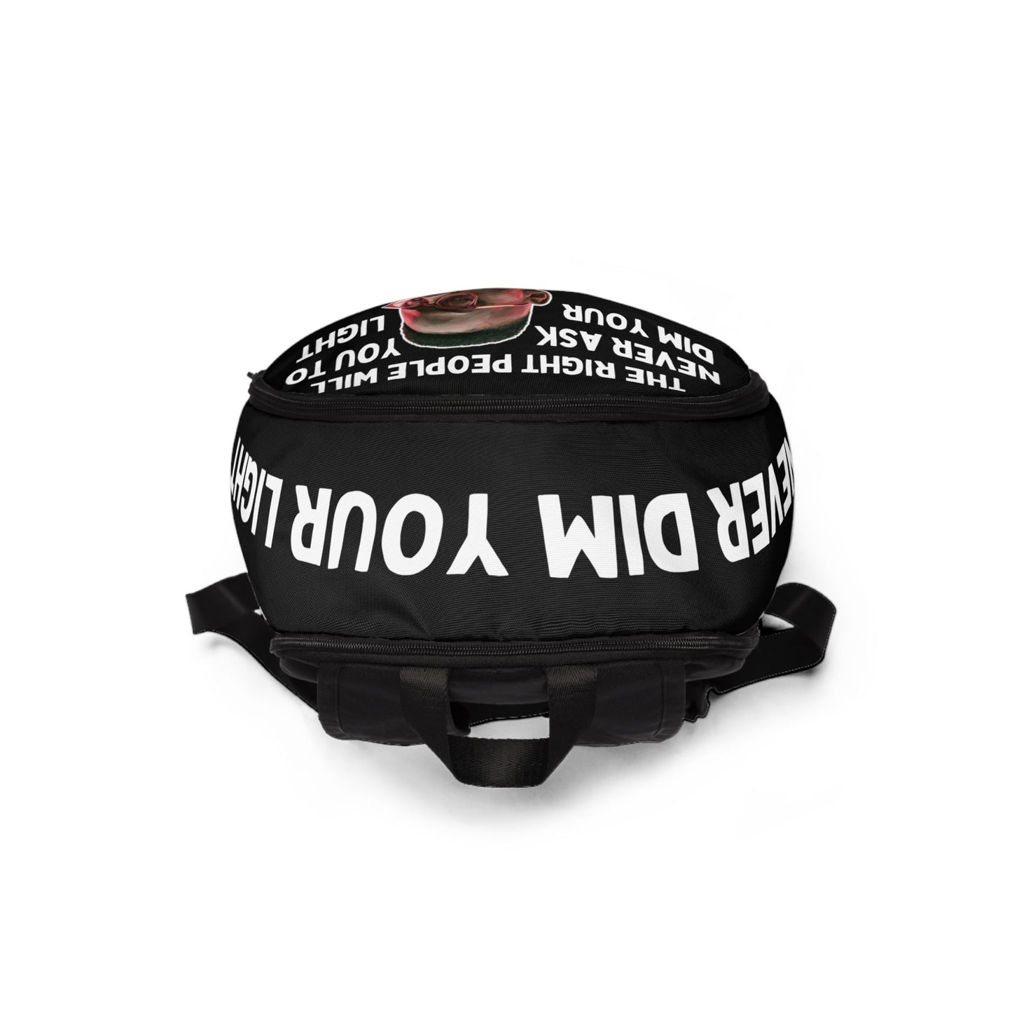 Never Dim Your Light Backpack — Inspirational Black Fabric Backpack