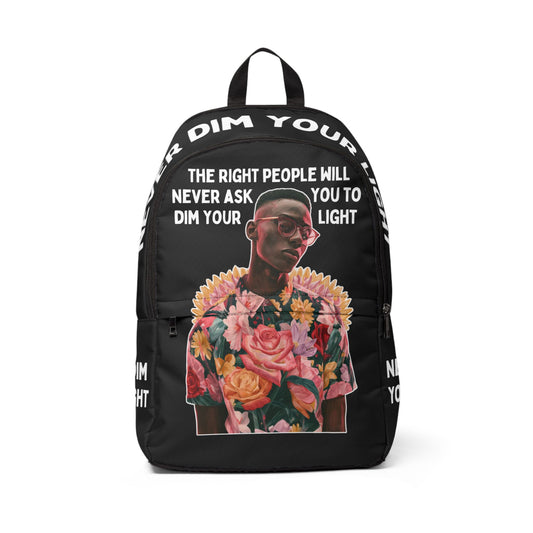Never Dim Your Light Backpack — Inspirational Black Fabric Backpack