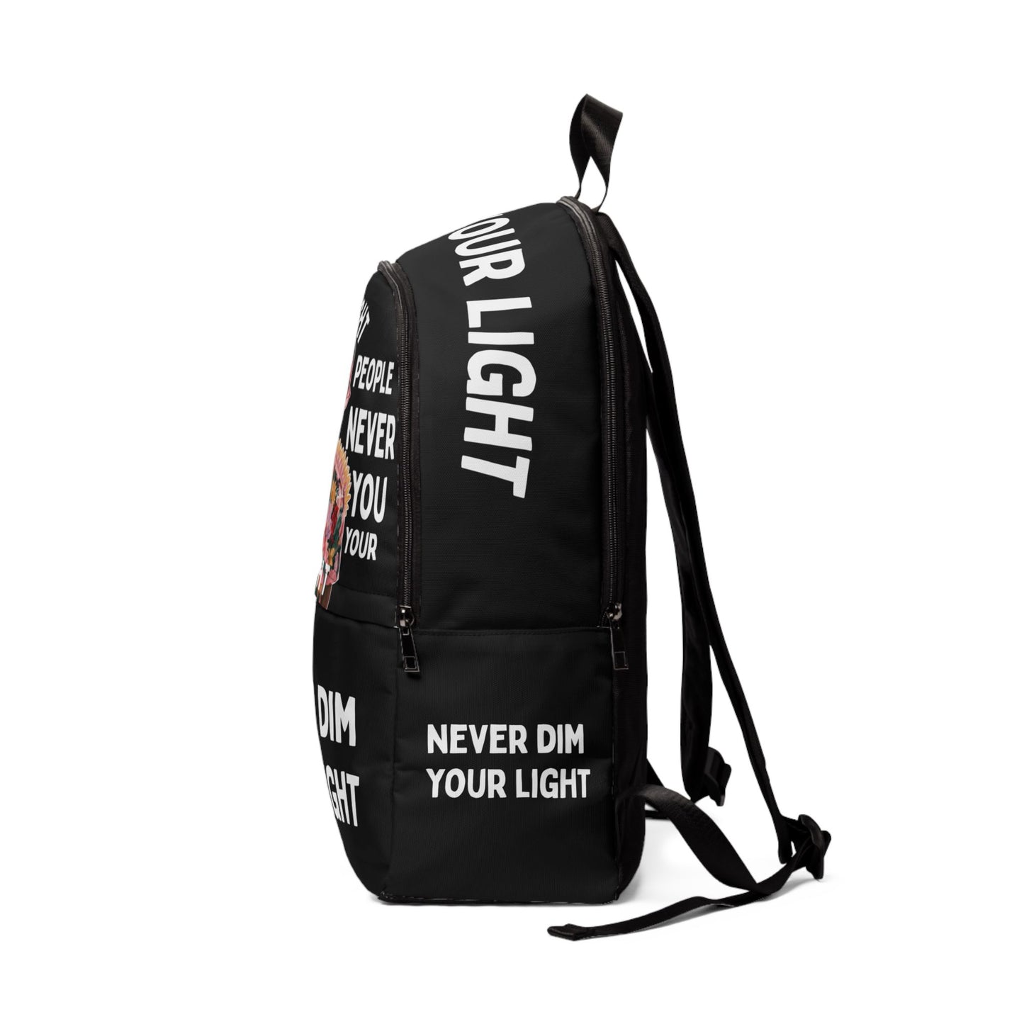 Never Dim Your Light Backpack — Inspirational Black Fabric Backpack