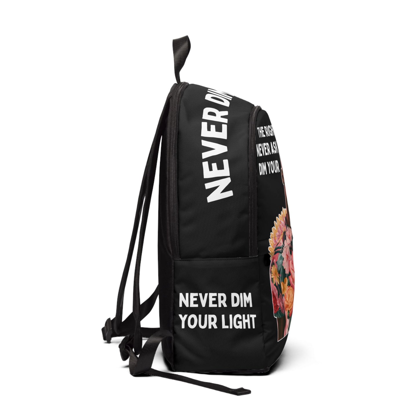 Never Dim Your Light Backpack — Inspirational Black Fabric Backpack