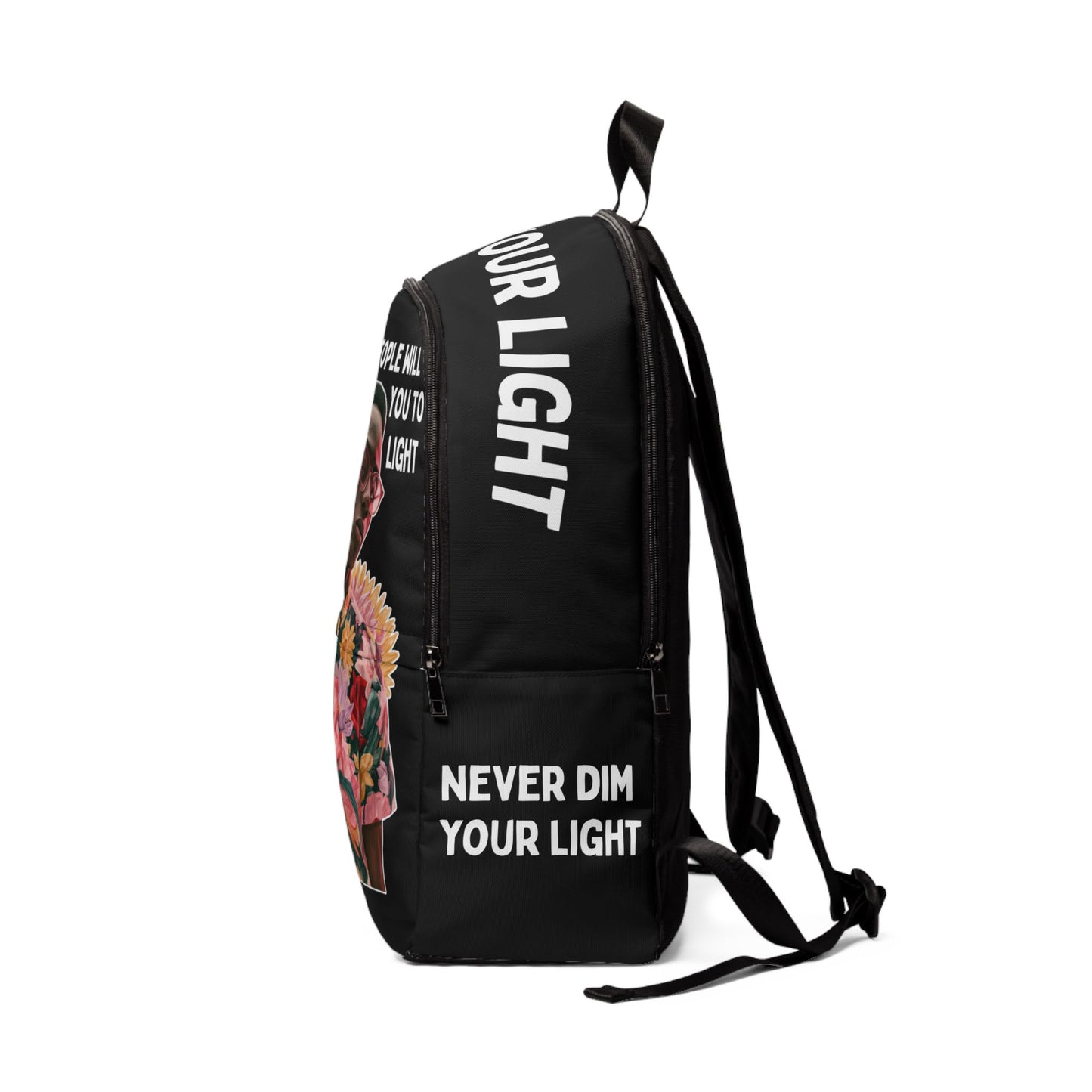 Never Dim Your Light Backpack — Inspirational Black Fabric Backpack