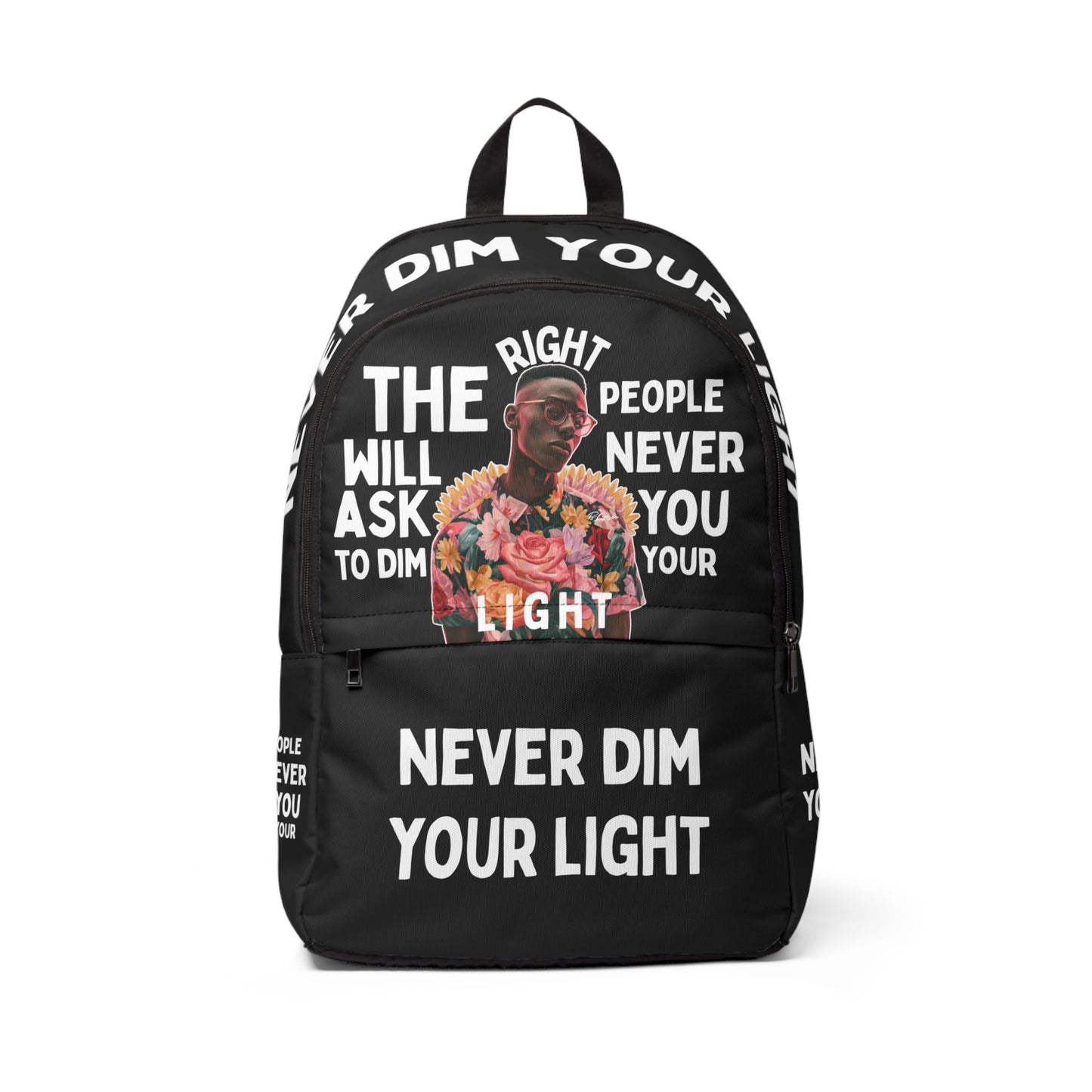 Never Dim Your Light Backpack — Inspirational Black Fabric Backpack