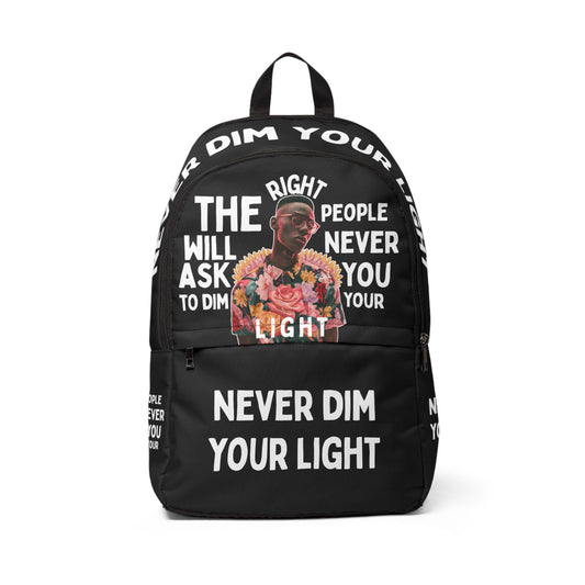 Never Dim Your Light Backpack — Inspirational Black Fabric Backpack