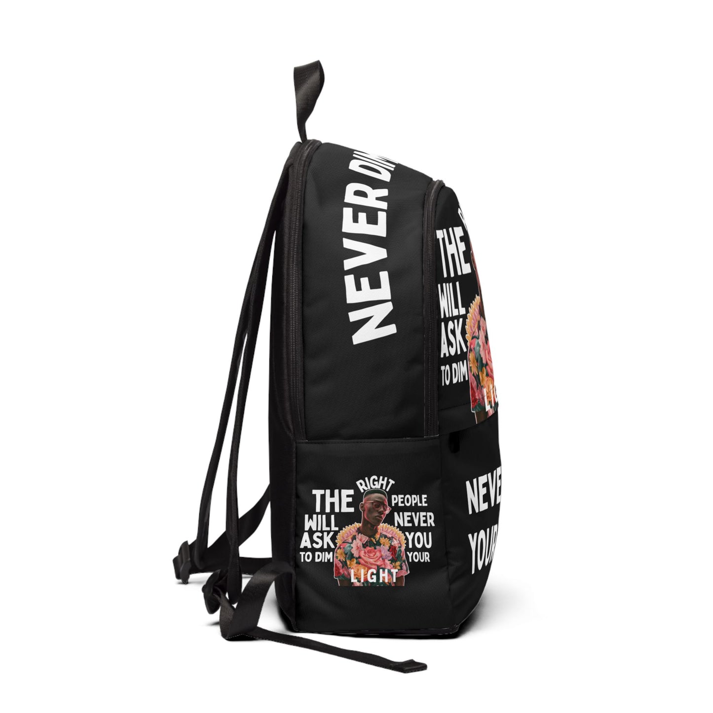 Never Dim Your Light Backpack — Inspirational Black Fabric Backpack